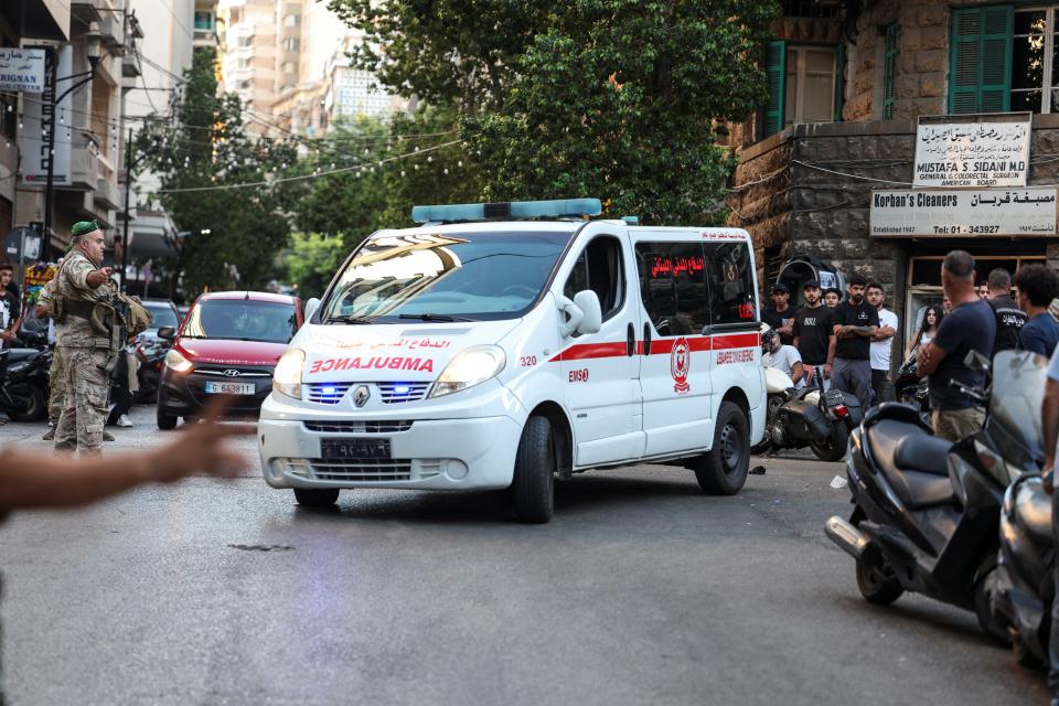 An ambulance arriving at the American University of Beirut Medical Center (Reuters)