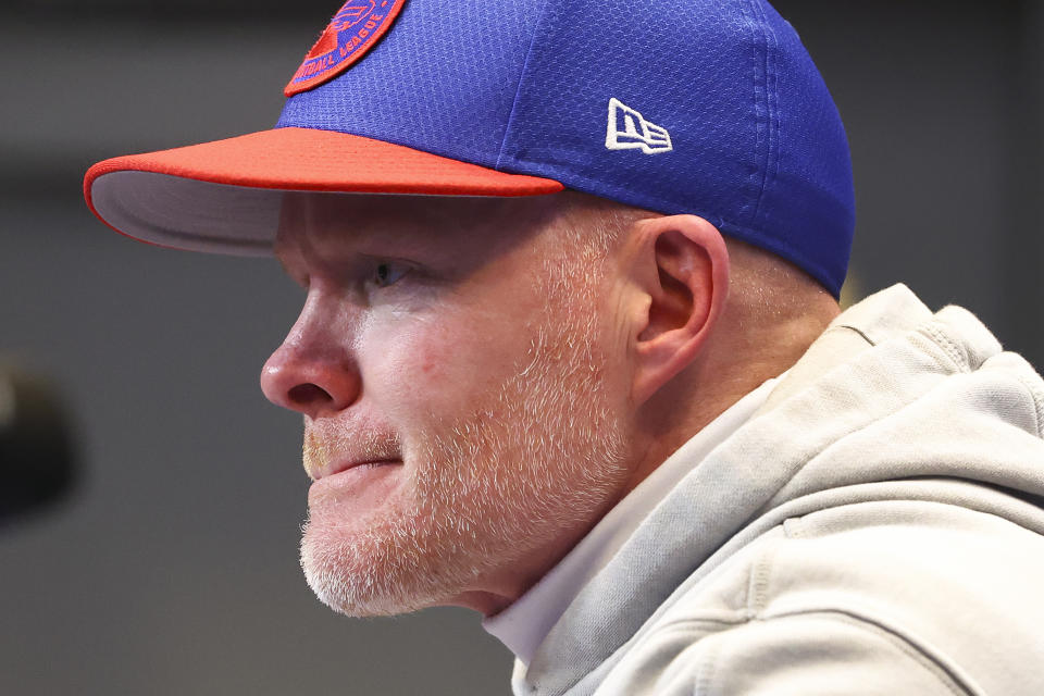 Buffalo Bills head coach Sean McDermott answers questions during a news conference after losing to the Kansas City Chiefs in an NFL AFC division playoff football game, Sunday, Jan. 21, 2024, in Orchard Park, N.Y. (AP Photo/Jeffrey T. Barnes)