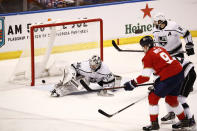 Florida Panthers center Brian Boyle (9) scores against Los Angeles Kings goaltender Jack Campbell (36) during the third period of an NHL hockey game Thursday, Jan. 16, 2020, in Sunrise, Fla. Florida Panthers win 4-3. (AP Photo/Brynn Anderson)