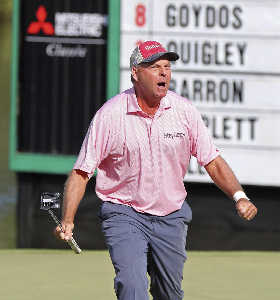 Dicky Pride reacts after sinking his par putt on the 18th hole to win the PGA Tour Champions’ Mitsubishi Electric Classic golf tournament at TPC Sugarloaf on Sunday, May 16, 2021, in Duluth, Ga. (Curtis Compton/Atlanta Journal-Constitution via AP)