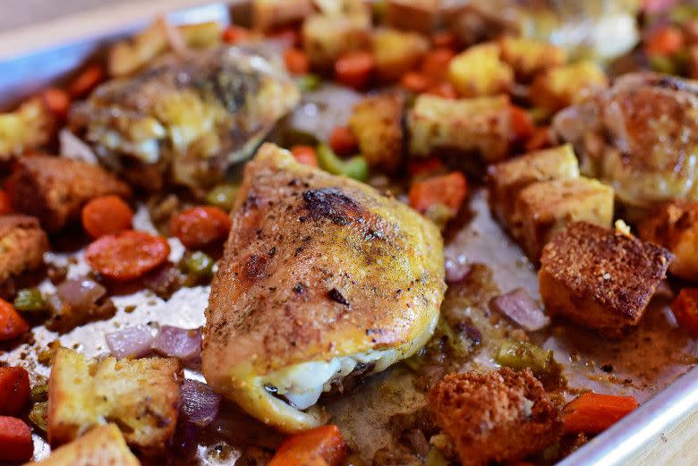 Chicken and Dressing Sheet Pan Supper