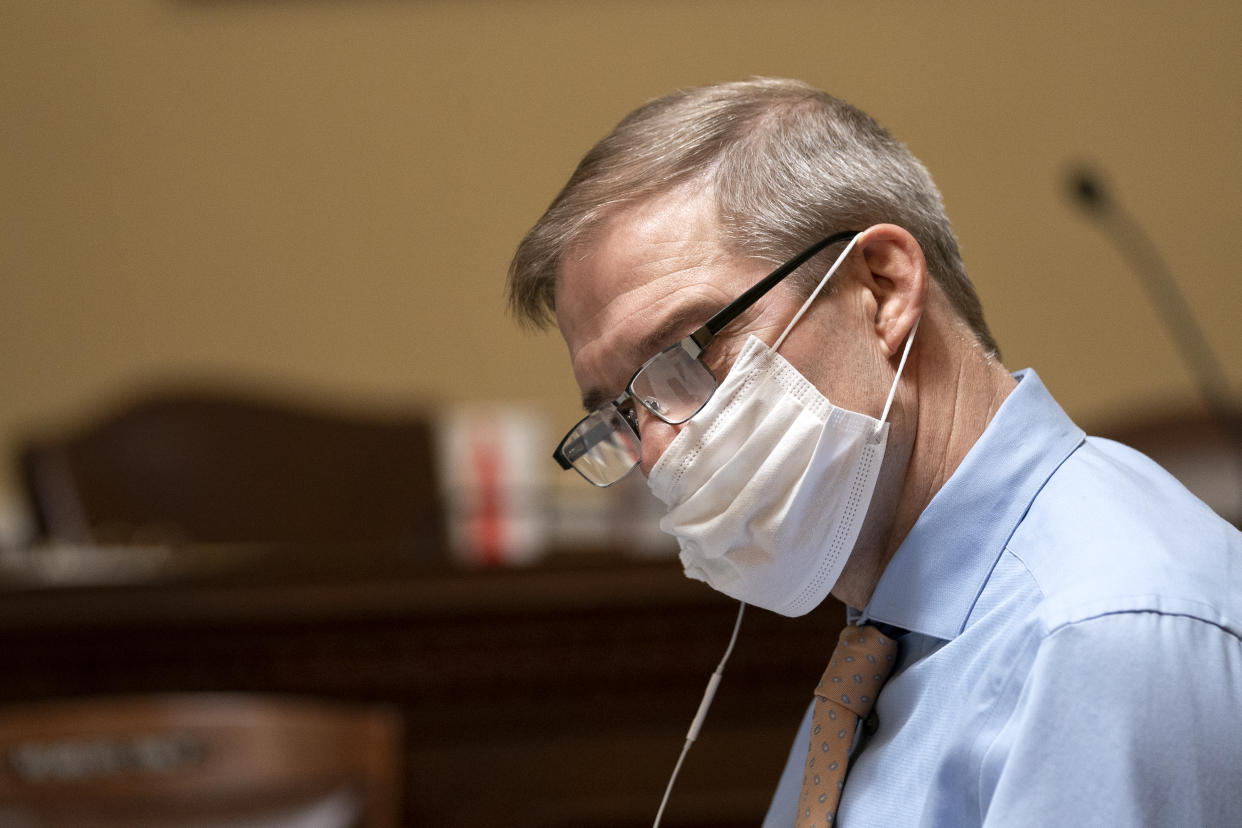 WASHINGTON, DC - JANUARY 12: Rep. Jim Jordan (R-OH) wears a protective mask during a Rules Committee meeting at the U.S. Capitol on January 12, 2021 in Washington, DC. Today the House of Representatives plans to vote on Rep. Jamie Raskin's (D-MD) resolution calling on Vice President Mike Pence to invoke the 25th Amendment, removing President Trump from office. On Wednesday, House Democrats plan on voting on articles of impeachment. (Photo by Stefani Reynolds/Getty Images)
