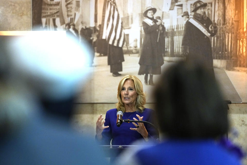 First lady Jill Biden speaks at the Smithsonian's National Museum of American History in Washington, Wednesday, July 10, 2024, during an event with spouses of NATO leaders as part of the NATO Summit. (AP Photo/Susan Walsh)