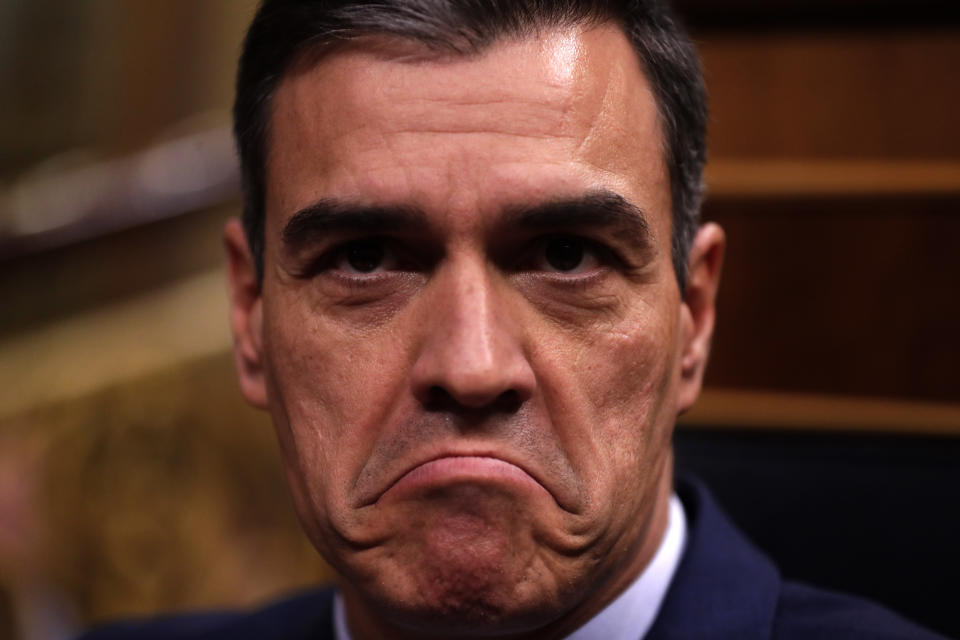 FILE - Pedro Sanchez gestures as he arrives at the Spanish parliament in Madrid, Spain, July 25, 2019. Socialist Prime Minister Pedro Sanchez has left Spain in suspense on announcing he may step down because of what he called an "unprecedented" smear campaign against his wife. Sanchez, who has been in office since 2018, stunned all Wednesday April 24, 2024 by announcing that he was canceling all events until next week when he will unveil his future. (AP Photo/Manu Fernandez, File)