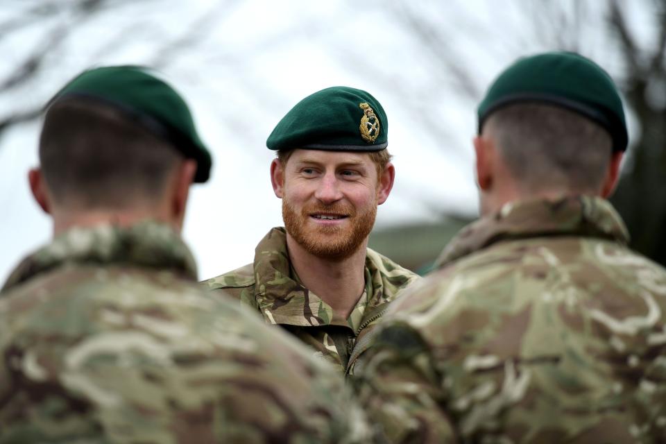 Prince Harry, Duke of Sussex, Captain General Royal Marines visits 42 Commando Royal Marines at their base in Bickleigh to carry out a Green Beret presentation at Dartmoor National Park on February 20, 2019 in Plymouth, England.