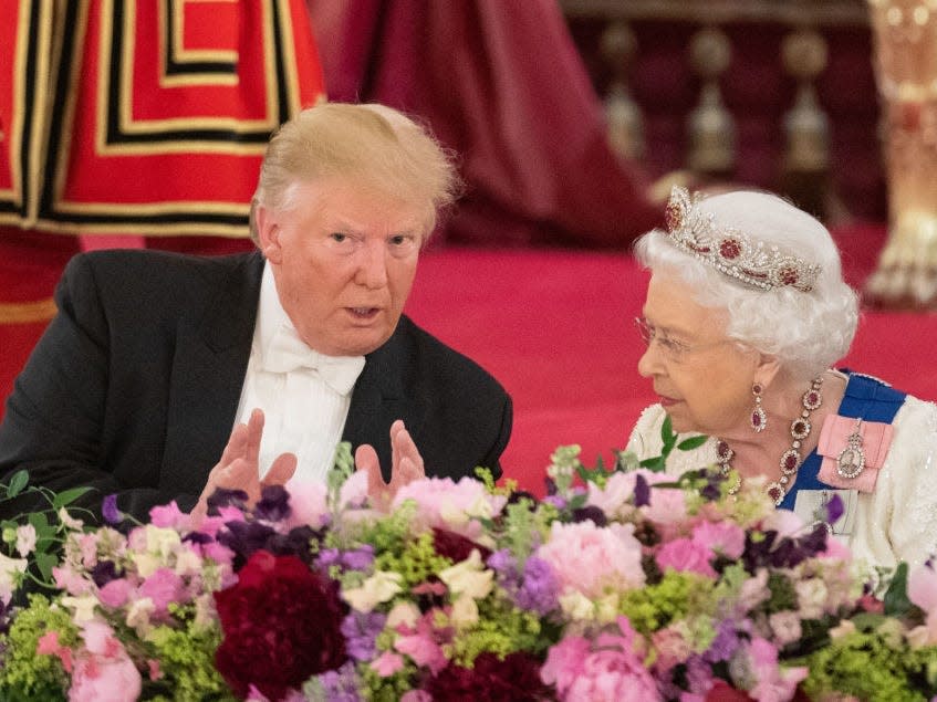 President Trump talks with Queen Elizabeth in Buckingham Palace in June 2019.