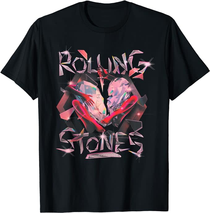 black t-shirt with diamond heart that reads "rolling stones"