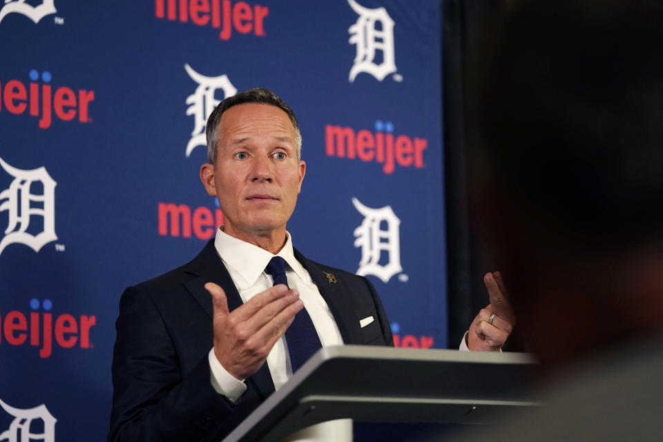 Detroit Tigers owner Chris Ilitch addresses the media on the firing of team general manager Al Avila, Wednesday, Aug. 10, 2022, in Detroit. Assistant general manager Sam Menzin takes over the day-to-day leadership role. (AP Photo/Carlos Osorio)