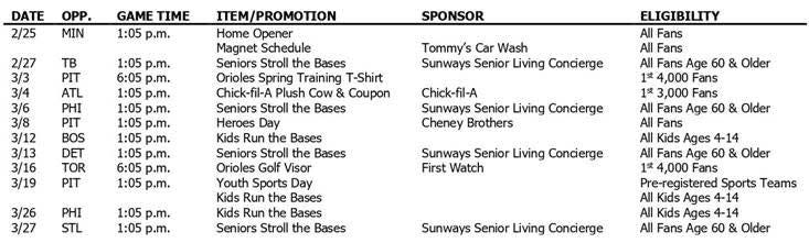 Orioles spring promotional schedule
