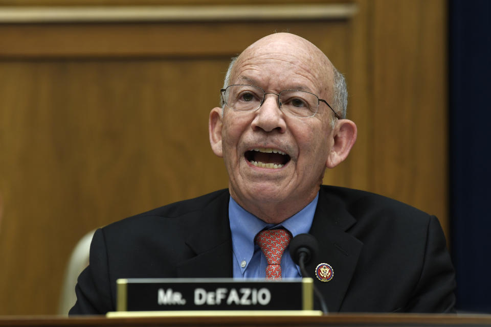 FILE - In this May 15, 2019 file photo, Rep. Peter DeFazio, D-Ore., speaks during a House Transportation Committee hearing on Capitol Hill in Washington. DeFazio, the longest serving House member in Oregon's history, faces Republican Alek Skarlatos in the November election. (AP Photo/Susan Walsh, File)