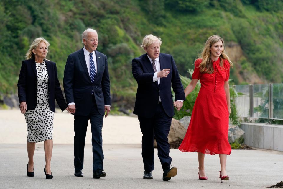 President Joe Biden and first lady Jill Biden meet with British Prime Minister Boris Johnson and his wife, Carrie, before the G-7 summit on June 10 in Carbis Bay, England.