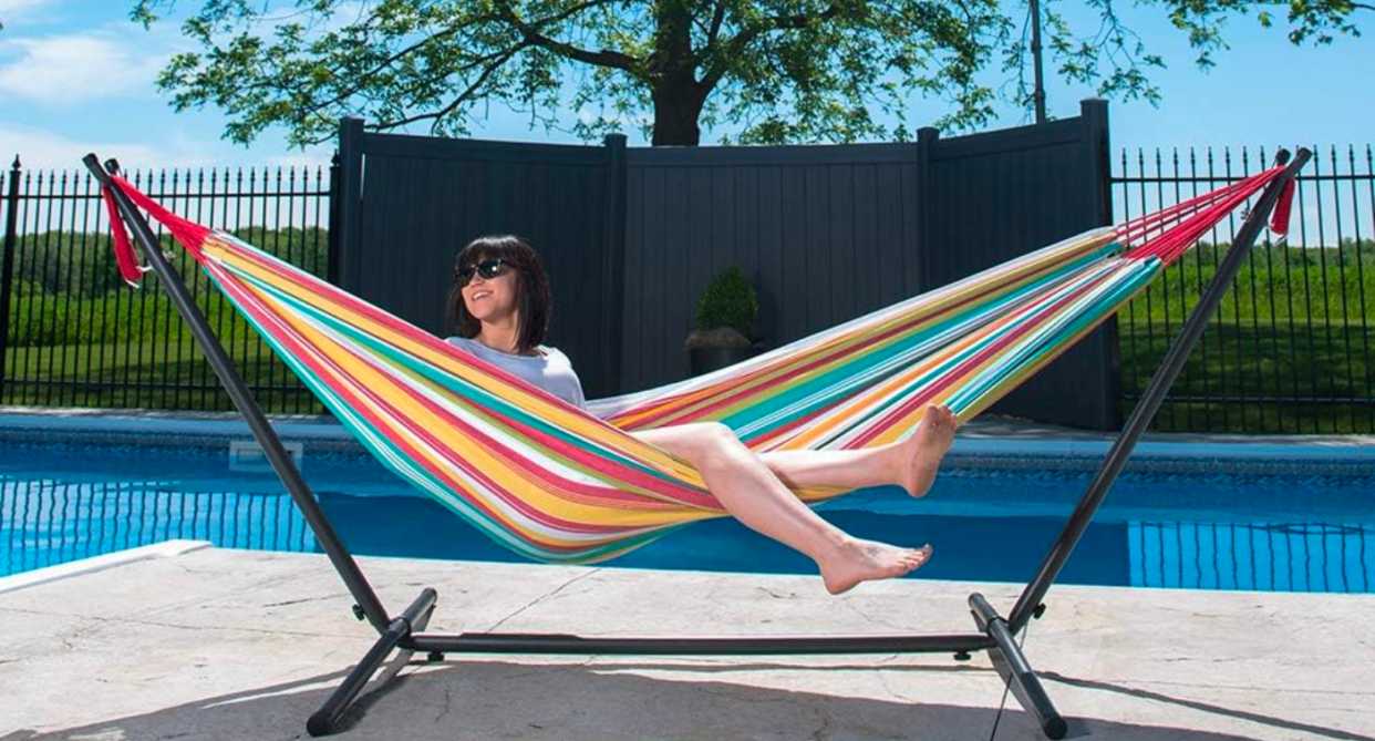 Vivere Double Cotton Hammocks are on sale at Amazon Canada. Image via Amazon.