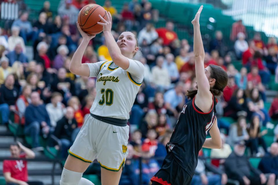 Piper Romigh (30) converts a layup in the second half during Blackhawk's PIAA quarterfinal matchup against Fairview at Morrow Field House Saturday afternoon.