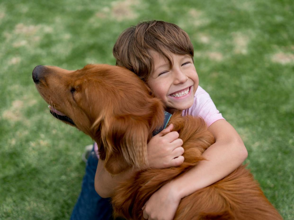 Portrait of a happy boy outdoors hugging a beautiful dog - lifestyle concepts