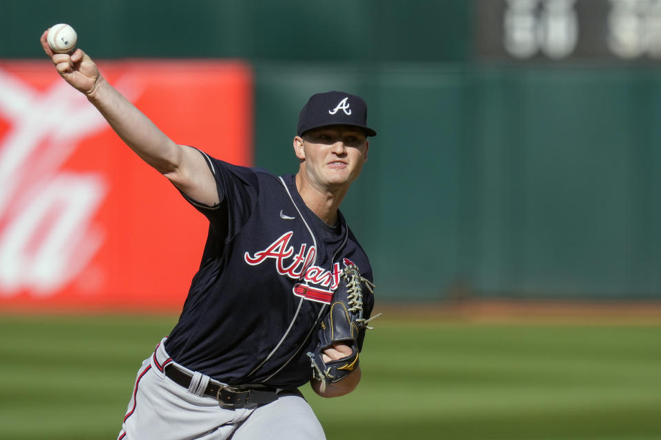 Atlanta Braves pitcher Michael Soroka throws against the Oakland Athletics during the first inning of a baseball game in Oakland, Calif., Monday, May 29, 2023. (AP Photo/Godofredo A. Vásquez)