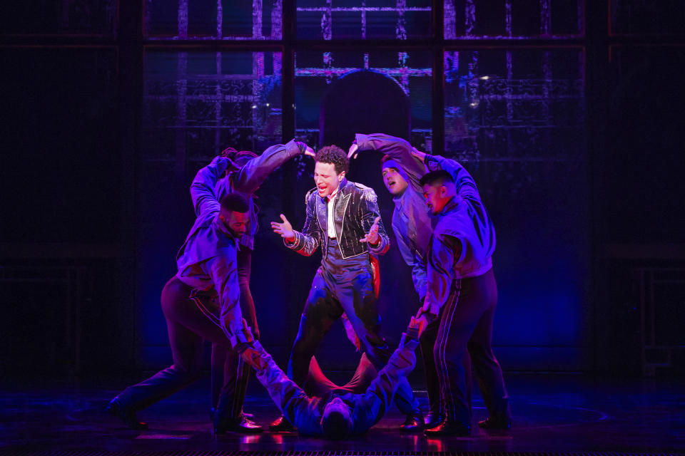 This image released by Vivacity Media Group shows Justin Guarini, center, and the company during a performance of the musical "Once Upon a One More Time." (Matthew Murphy/Vivacity Media Group via AP)