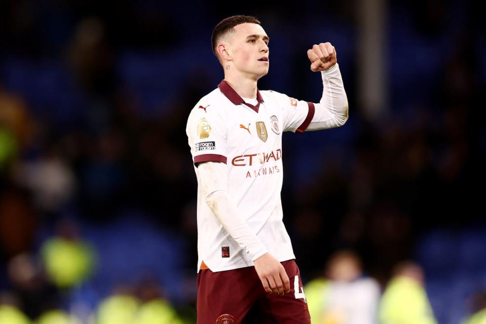 Phil Foden celebrates after the full-time whistle at Everton (Getty Images)