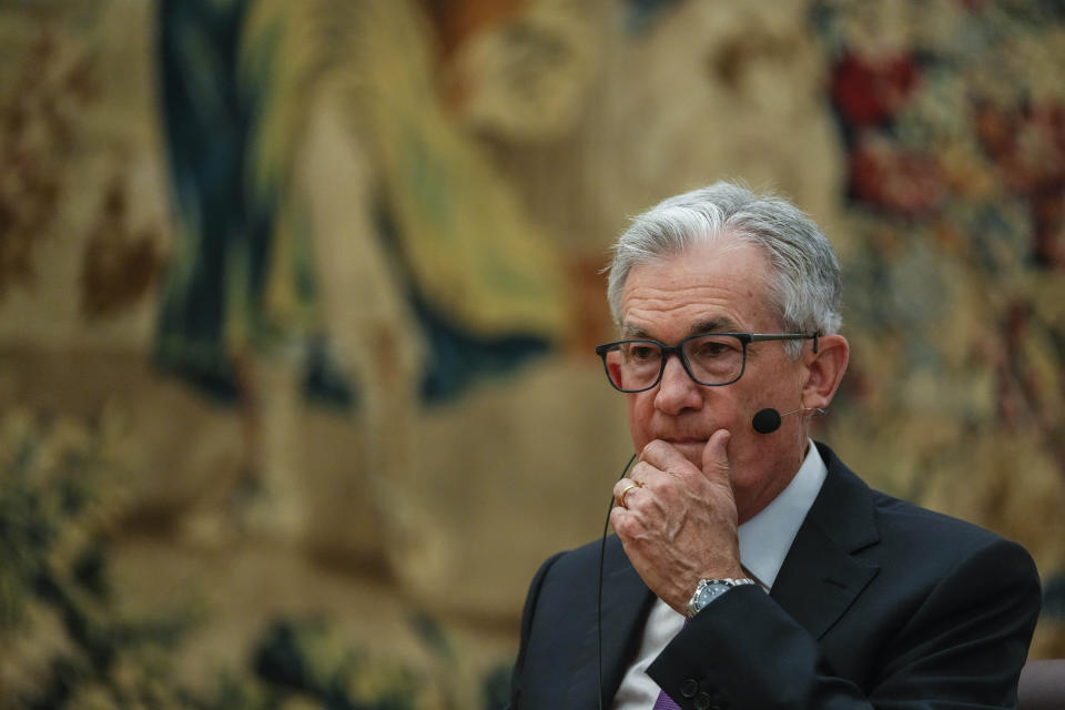 Federal Reserve Chairman Jerome Powell attends a meeting at the Spain's Central Bank in Madrid, Spain, Thursday, June 29, 2023. Federal Reserve Chair Jerome Powell says the central bank may have to tighten its oversight of the American financial system after the failure of three large U.S. banks this spring. (AP Photo/Manu Fernandez)