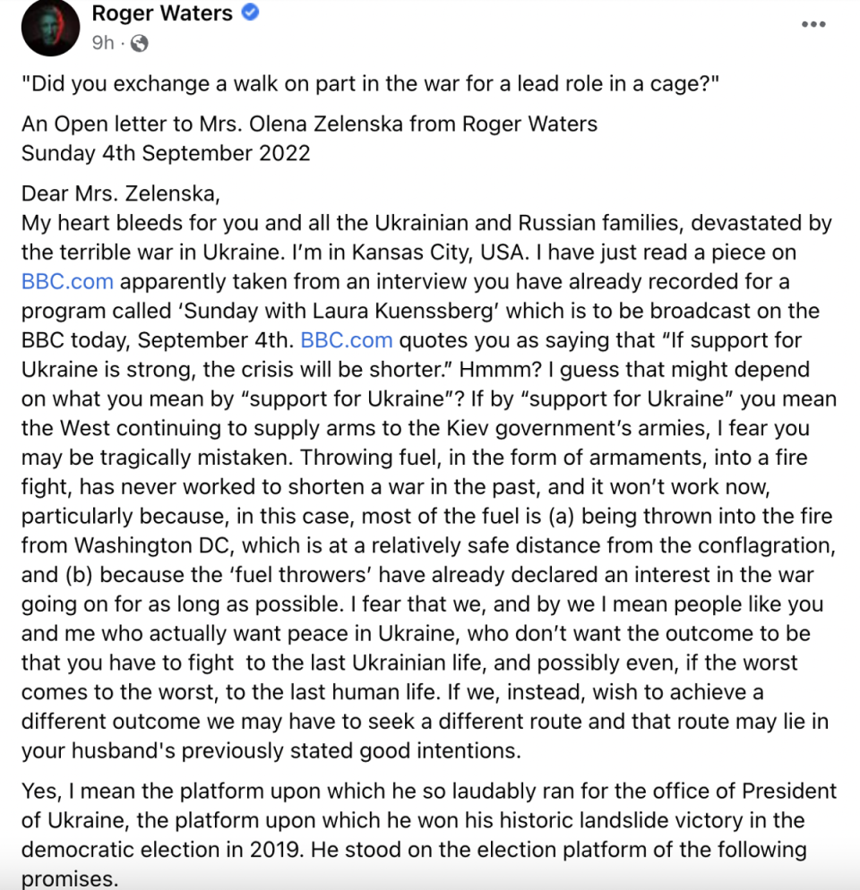 Screengrab of the open letter from Roger Waters (Roger Waters/Facebook)