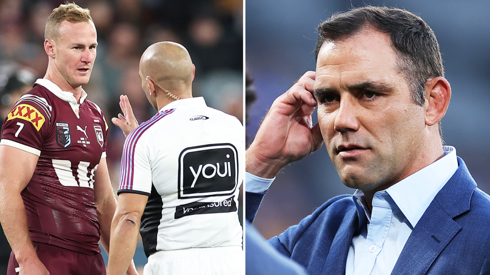 Daly Cherry-Evans talks to the referee and Cameron Smith during commentary.