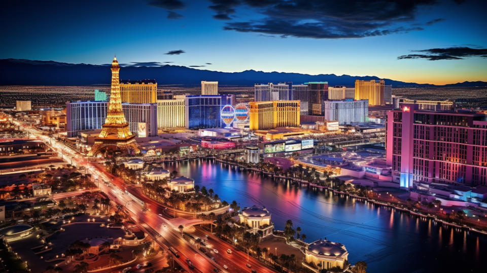 The dazzling Las Vegas Strip lined with luxury Integrated Resorts, seen from a high elevation.