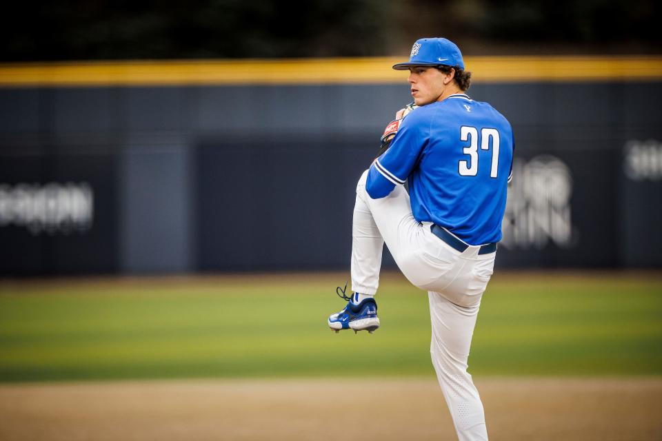 Freshman pitcher Ben Hansen prepares to deliver a pitch at Miller Park in Provo. Next season his brother Brett will join the Cougars as a transfer from Vanderbilt. | Nate Edwards, BYU Photo