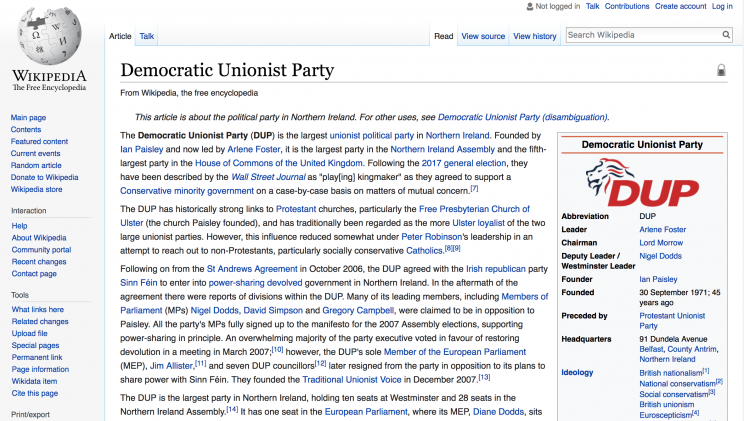 The DUP had to lock its Wikipedia page down after pranksters altered it 