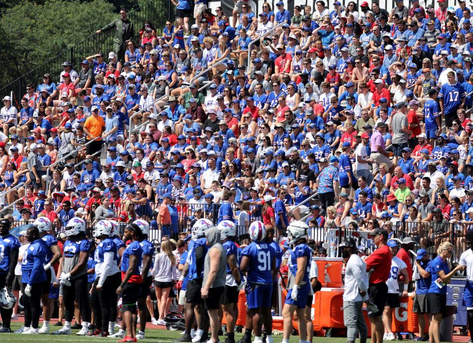 Fans pack into the stands at St. John Fisher University for a Sunday afternoon practice at Buffalo Bills training camp in 2023.