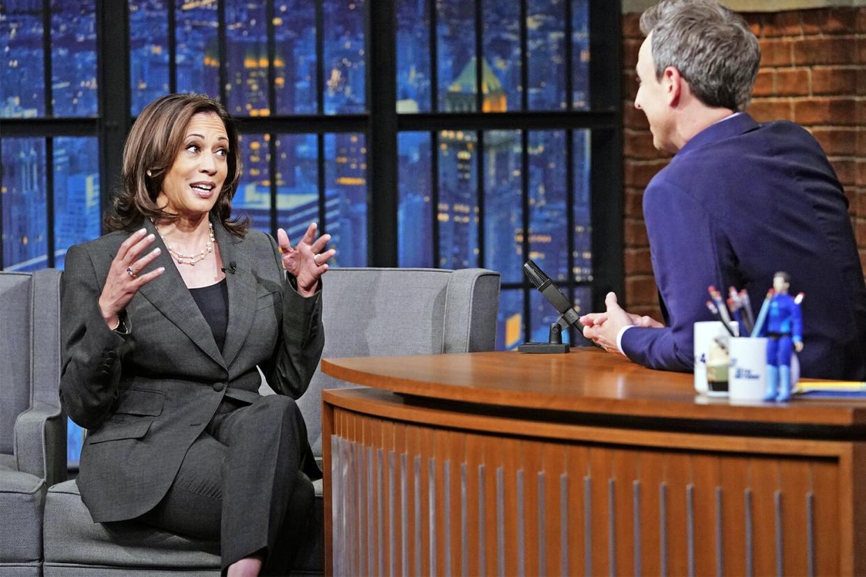 LATE NIGHT WITH SETH MEYERS -- Episode 903 -- Pictured: (l-r) Sen. Kamala Harris during an interview with host Seth Meyers on October 28, 2019 -- (Photo by: Lloyd Bishop/NBC/NBCU Photo Bank via Getty Images)