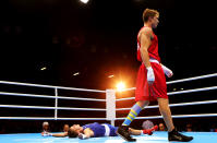 LONDON, ENGLAND - AUGUST 07: Alexis Vastine of France looks dejected after defeat to Taras Shelestyuk of Ukraine during the Men's Welter (69kg) Boxing on Day 11 of the London 2012 Olympic Games at ExCeL on August 7, 2012 in London, England. (Photo by Scott Heavey/Getty Images)