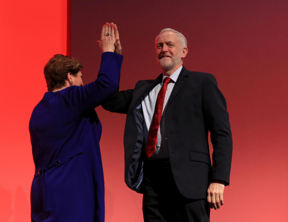 <p>Labour leader Jeremy Corbyn congratulates shadow foreign secretary Emily Thornberry following her speech at the Labour Party conference at the Brighton Centre, Brighton. (Gareth Fuller/PA Wire/PA Images) </p>