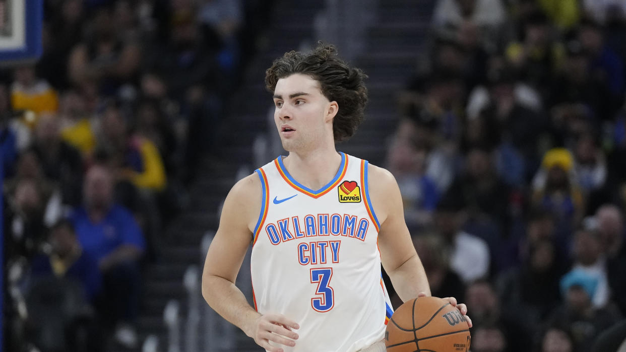 Oklahoma City Thunder guard Josh Giddey (3) during an NBA basketball game against the Golden State Warriors in San Francisco, Saturday, Nov. 18, 2023. (AP Photo/Jeff Chiu)