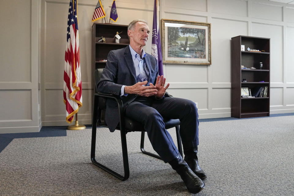 Roger Krone, president and chief executive officer of the Boy Scouts of America, responds to questions during an interview at the organizations headquarters in Irving, Texas, Monday, April 29, 2024. The Boy Scouts of America is changing its name for the first time in its 114-year history and will become Scouting America. It's a significant shift as the organization emerges from bankruptcy following a flood of sexual abuse claims and seeks to focus on inclusion. (AP Photo/Tony Gutierrez)