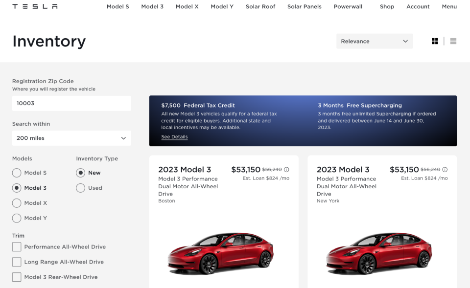 Tesla's Model 3 order page (6/15/23)