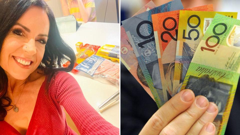 Compilation image of Nicole with her money-saving recipe and hand holding out fanned cash