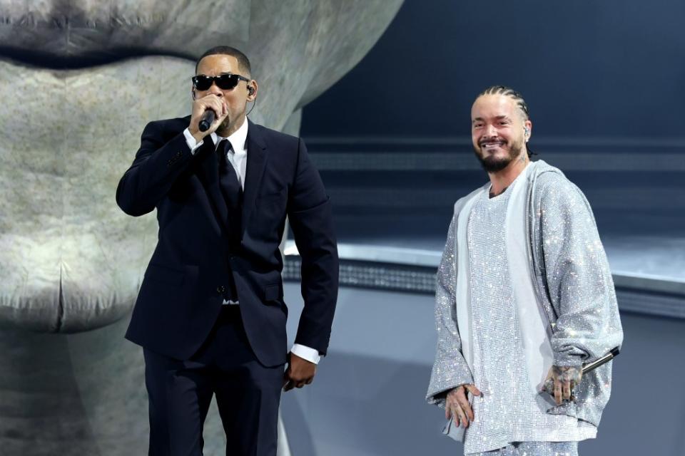 Will Smith (left) made his surprise cameo during J Balvin’s Coachella set. Getty Images for Coachella