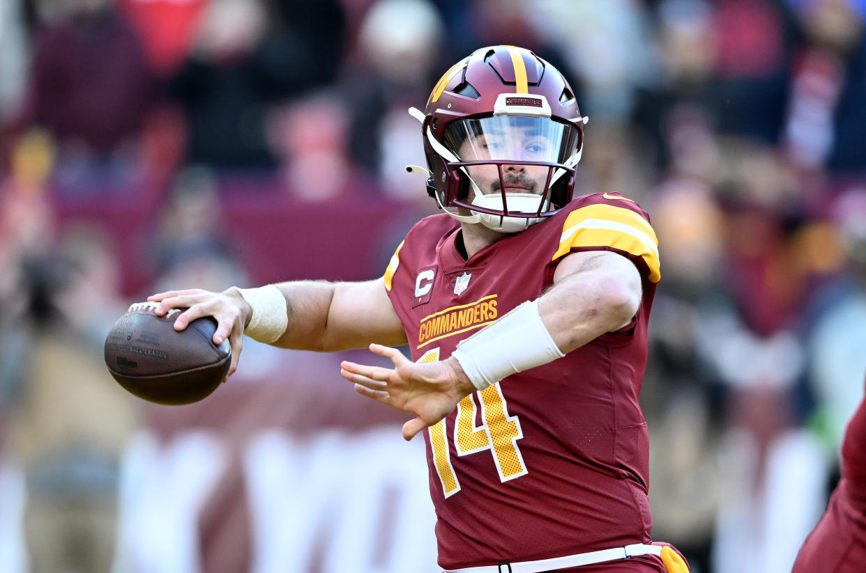 Sam Howell does not appear to be the quarterback of the future in Washington. (Photo by G Fiume/Getty Images)