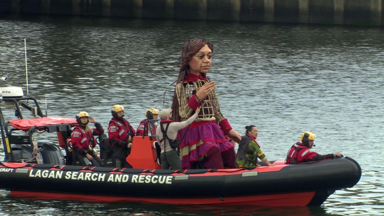 Little Amal on a Lagan Search and Rescue boat