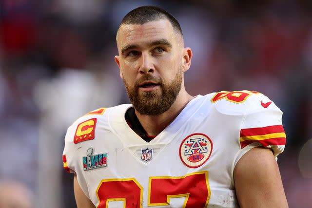 <p>Christian Petersen/Getty</p> Travis Kelce #87 of the Kansas City Chiefs looks on against the Philadelphia Eagles during the first quarter in Super Bowl LVII at State Farm Stadium on February 12, 2023