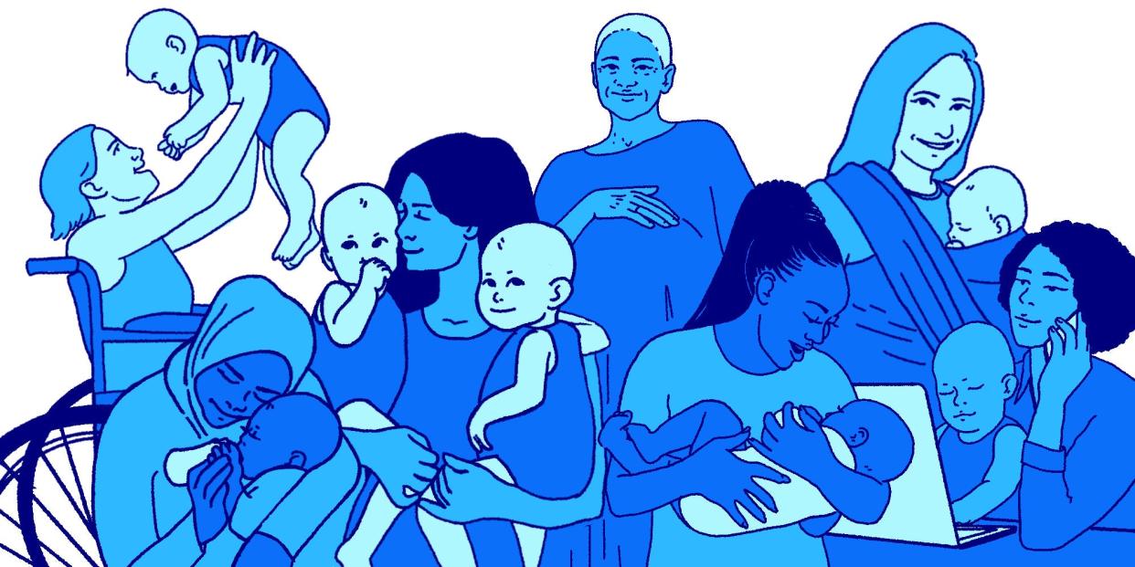 An illustration of a group of mothers colored in shades of blue. Mothers with twins, bottle feeding, breastfeeding, baby wearing, working mothers, older mothers and mothers in wheelchairs are represented.