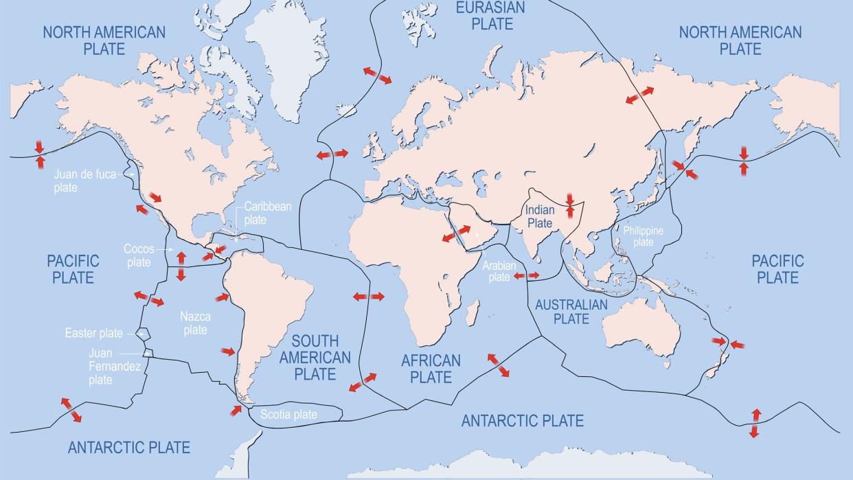  Map of Earth's principal tectonic plates. Earth's lithosphere. Major and minor plates. arrows indicate direction of movement at plate boundaries. Vector illustration. 