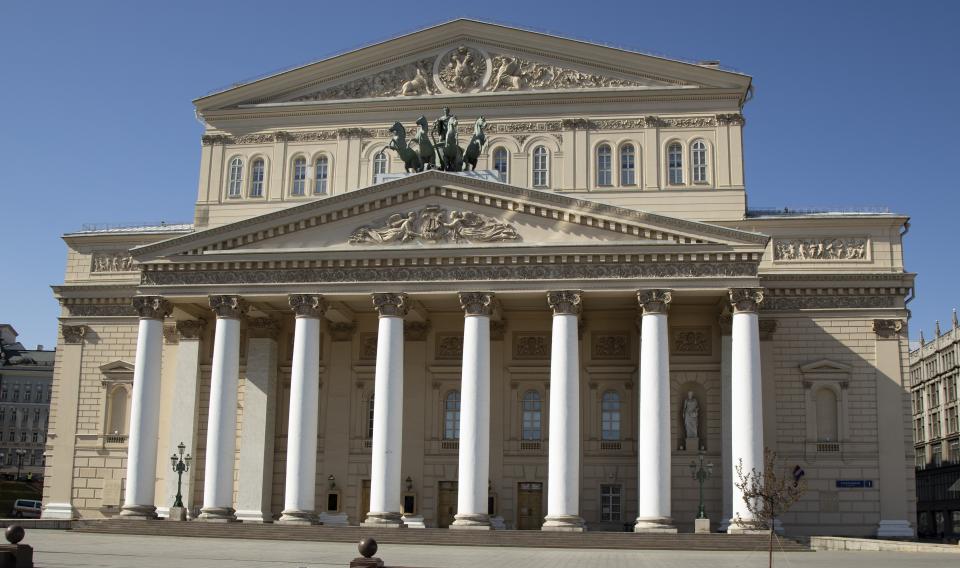 FILE - A view of the Bolshoi Theater in Moscow, Russia, Friday, May 1, 2020. Valery Gergiev, who has served as director of the Mariinsky Theatre in St. Petersburg, was also appointed Friday by the Russian government the director of Moscow's Bolshoi Theater. (AP Photo/Alexander Zemlianichenko, File)