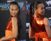 <p>The actress wore this kickass center part and rope braid to the Hollywood premiere of her new movie, <em>Guardians of the Galaxy Vol. 2</em>. We love how the hairstyle accentuates Saldana’s glowing skin, berry lipgloss, and statement earrings. (Photo: Getty Images) </p>