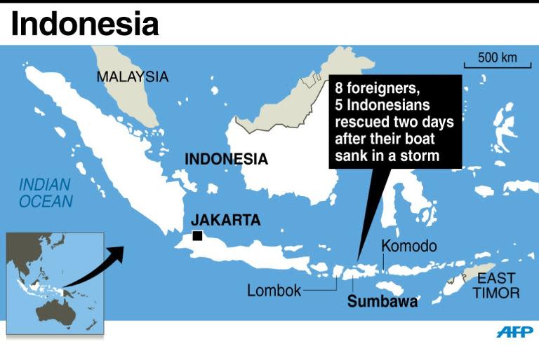 Map of Indonesia locating the area near Sumbawa islands where 13 people were rescued Monday two days after their boat sank