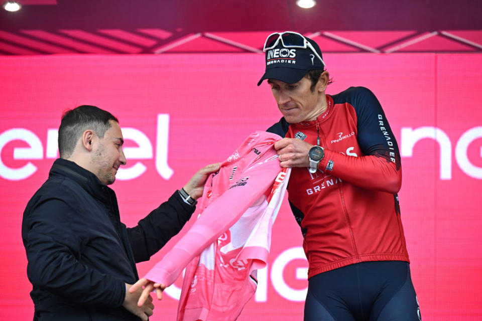RIVOLI ITALY  MAY 18 Geraint Thomas of The United Kingdom and Team INEOS Grenadiers celebrates at podium as Pink Leader Jersey winner during the 106th Giro dItalia 2023 Stage 12 a 185km stage from Bra to Rivoli  UCIWT  on May 18 2023 in Rivoli Italy Photo by Stuart FranklinGetty Images