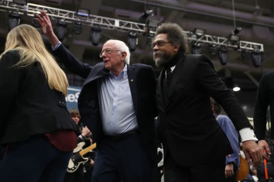 Sen. Bernie Sanders, then a presidential candidate, campaigns with Cornel West on February 10, 2020 in Durham, N.H.<span class="copyright">Joe Raedle—Getty Images</span>