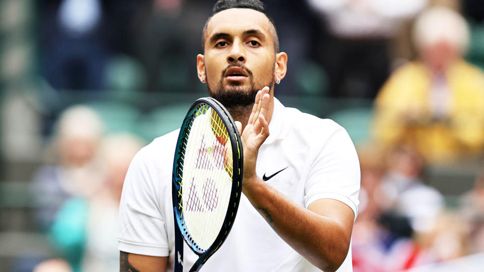 Nick Kyrgios, pictured here celebrating his victory over Ugo Humbert at Wimbledon.