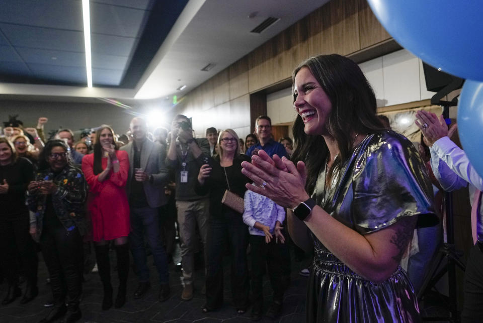 Mayor Erin Mendenhall walks out to greet supporters at an election watch party in Salt Lake City, Tuesday, Nov. 21, 2023. (Bethany Baker/The Salt Lake Tribune via AP)