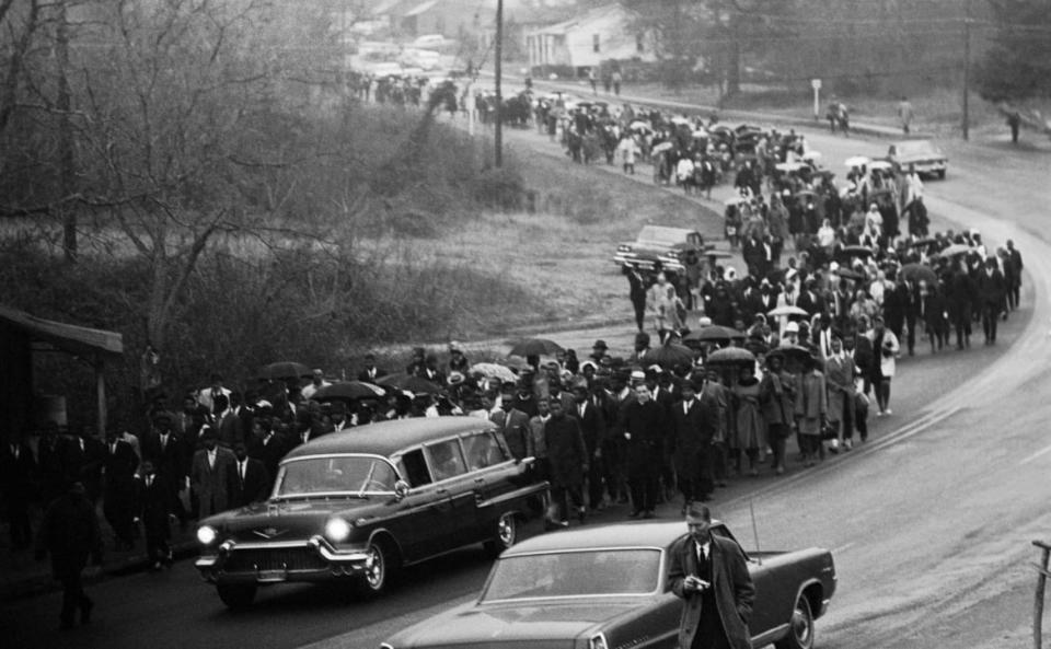 <div class="inline-image__title">515496230</div> <div class="inline-image__caption"><p>"A hearse carrying the body of Jimmie Lee Jackson drives slowly in rain with an estimated 700 people, mostly African American, following the cemetery where Jackson is to be lain. Jackson was shot in Marion February 18, during a night demonstration and died in Selma Hospital. Two funerals were held for the civil rights protester with Dr. Martin Luther King giving the eulogy."</p></div> <div class="inline-image__credit">Bettmann/Getty</div>