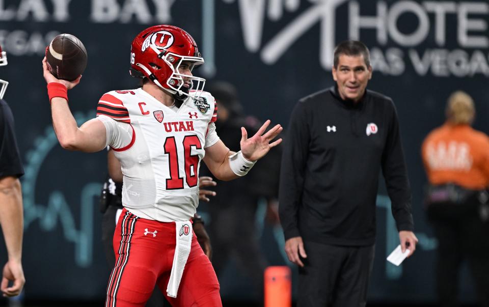 Utah Utes quarterback Bryson Barnes (16) warms up as Utah and Northwestern prepare to play in the SRS Distribution Las Vegas Bowl on Saturday, Dec. 23, 2023. | Scott G Winterton, Deseret News